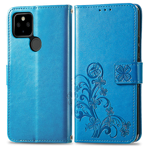 Leather Case Stands Flip Flowers Cover Holder for Google Pixel 5a 5G Blue