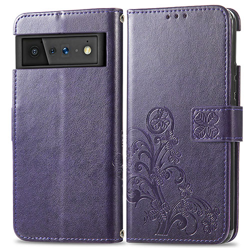 Leather Case Stands Flip Flowers Cover Holder for Google Pixel 6 Pro 5G Purple