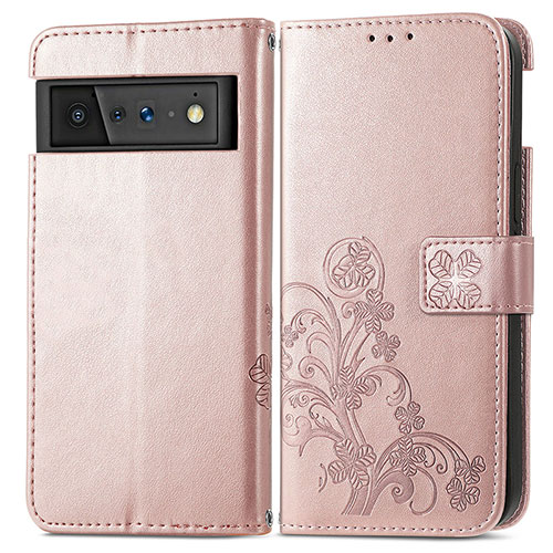 Leather Case Stands Flip Flowers Cover Holder for Google Pixel 6 Pro 5G Rose Gold