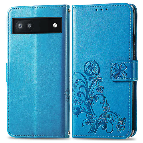 Leather Case Stands Flip Flowers Cover Holder for Google Pixel 6a 5G Blue