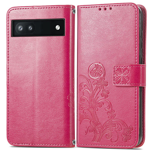 Leather Case Stands Flip Flowers Cover Holder for Google Pixel 6a 5G Hot Pink