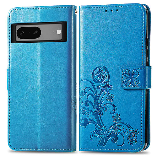 Leather Case Stands Flip Flowers Cover Holder for Google Pixel 7a 5G Blue