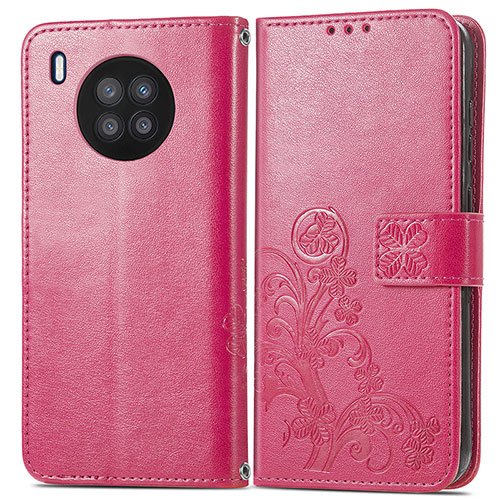 Leather Case Stands Flip Flowers Cover Holder for Huawei Honor 50 Lite Hot Pink