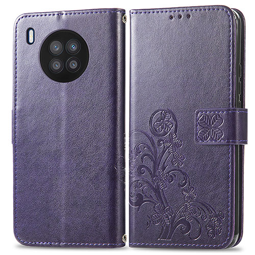 Leather Case Stands Flip Flowers Cover Holder for Huawei Honor 50 Lite Purple