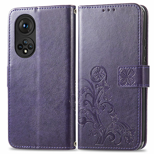 Leather Case Stands Flip Flowers Cover Holder for Huawei Honor 50 Pro 5G Purple