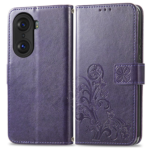 Leather Case Stands Flip Flowers Cover Holder for Huawei Honor 60 5G Purple