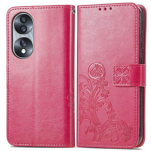 Leather Case Stands Flip Flowers Cover Holder for Huawei Honor 70 5G Hot Pink