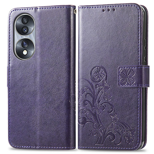 Leather Case Stands Flip Flowers Cover Holder for Huawei Honor 70 5G Purple