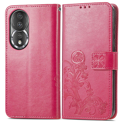 Leather Case Stands Flip Flowers Cover Holder for Huawei Honor 80 5G Hot Pink