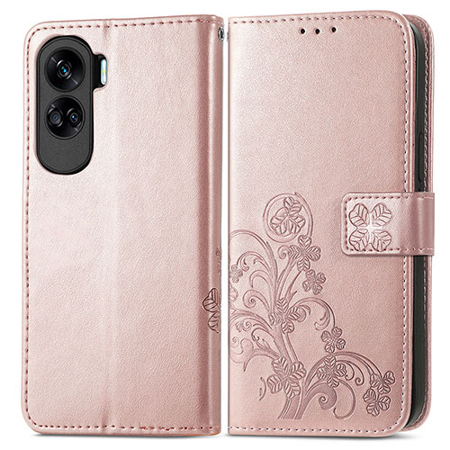 Leather Case Stands Flip Flowers Cover Holder for Huawei Honor 90 Lite 5G Rose Gold