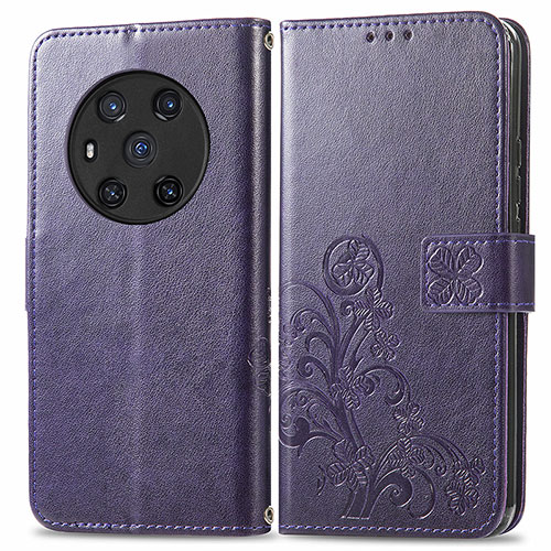 Leather Case Stands Flip Flowers Cover Holder for Huawei Honor Magic3 5G Purple