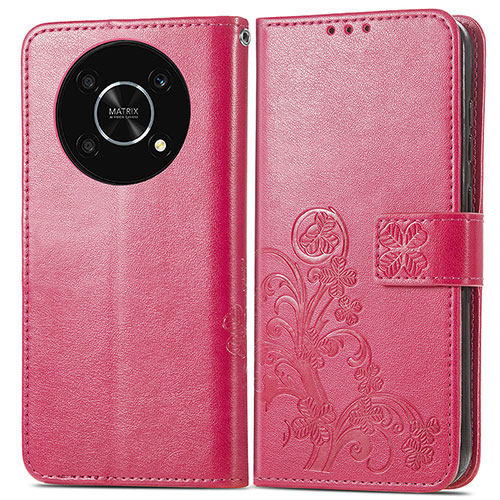 Leather Case Stands Flip Flowers Cover Holder for Huawei Honor Magic4 Lite 5G Hot Pink