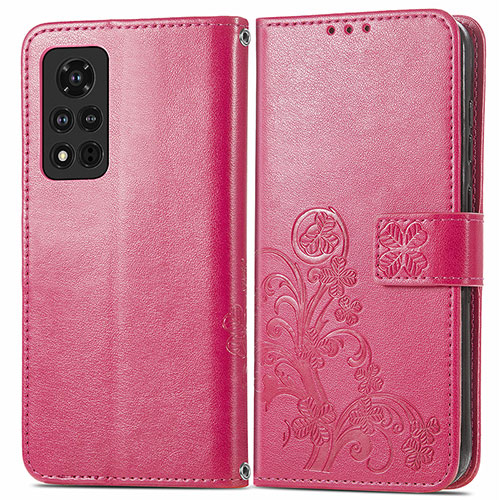 Leather Case Stands Flip Flowers Cover Holder for Huawei Honor V40 5G Hot Pink