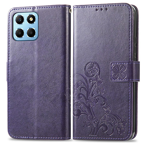 Leather Case Stands Flip Flowers Cover Holder for Huawei Honor X6 5G Purple