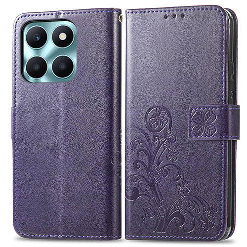 Leather Case Stands Flip Flowers Cover Holder for Huawei Honor X8b Purple