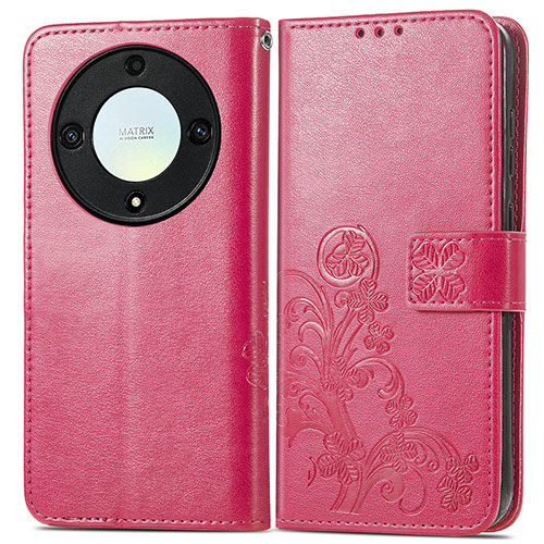 Leather Case Stands Flip Flowers Cover Holder for Huawei Honor X9a 5G Hot Pink