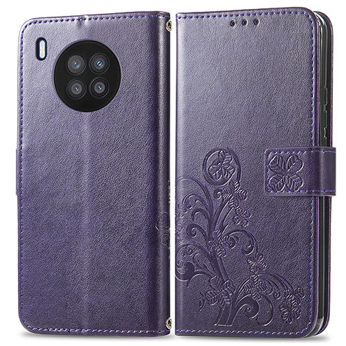 Leather Case Stands Flip Flowers Cover Holder for Huawei Nova 8i Purple