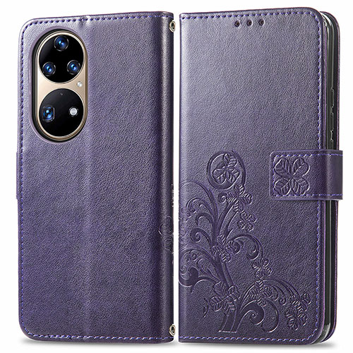 Leather Case Stands Flip Flowers Cover Holder for Huawei P50 Purple