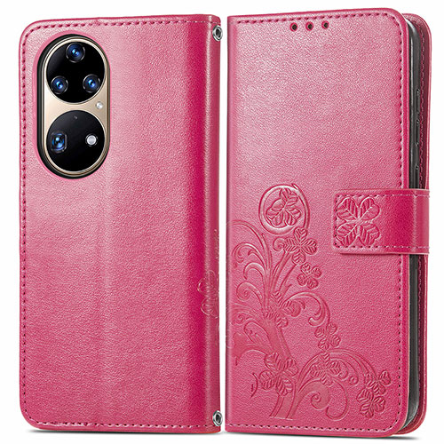 Leather Case Stands Flip Flowers Cover Holder for Huawei P50 Red