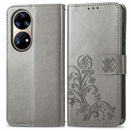 Leather Case Stands Flip Flowers Cover Holder for Huawei P50e Gray