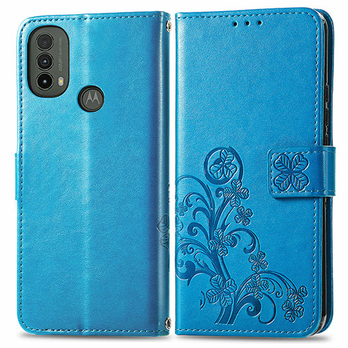 Leather Case Stands Flip Flowers Cover Holder for Motorola Moto E20 Blue