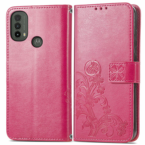 Leather Case Stands Flip Flowers Cover Holder for Motorola Moto E20 Red