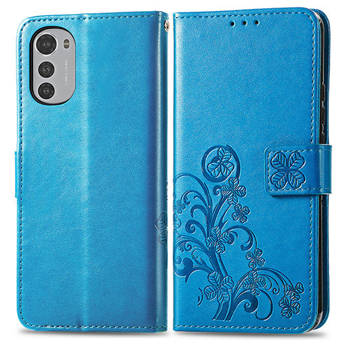 Leather Case Stands Flip Flowers Cover Holder for Motorola Moto E32 Blue