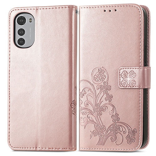 Leather Case Stands Flip Flowers Cover Holder for Motorola Moto E32 Pink