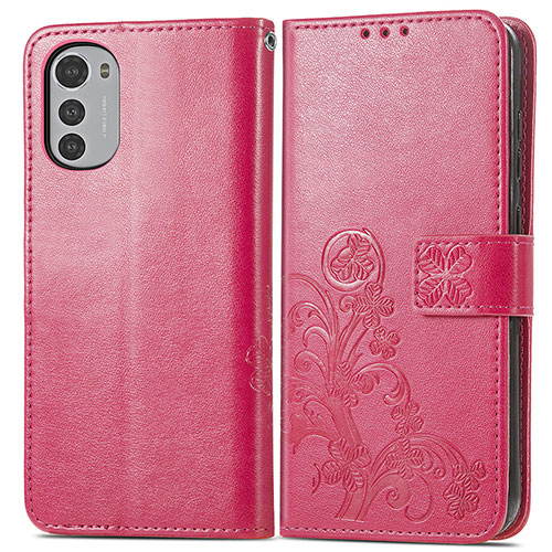 Leather Case Stands Flip Flowers Cover Holder for Motorola Moto E32 Red