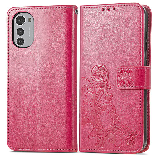 Leather Case Stands Flip Flowers Cover Holder for Motorola Moto E32s Red