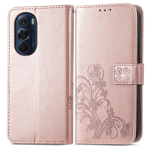 Leather Case Stands Flip Flowers Cover Holder for Motorola Moto Edge 30 Pro 5G Pink