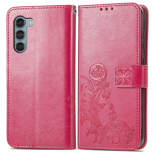 Leather Case Stands Flip Flowers Cover Holder for Motorola Moto G200 5G Red