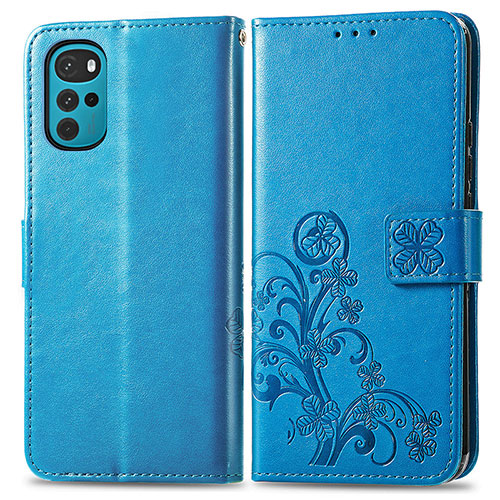 Leather Case Stands Flip Flowers Cover Holder for Motorola Moto G22 Blue