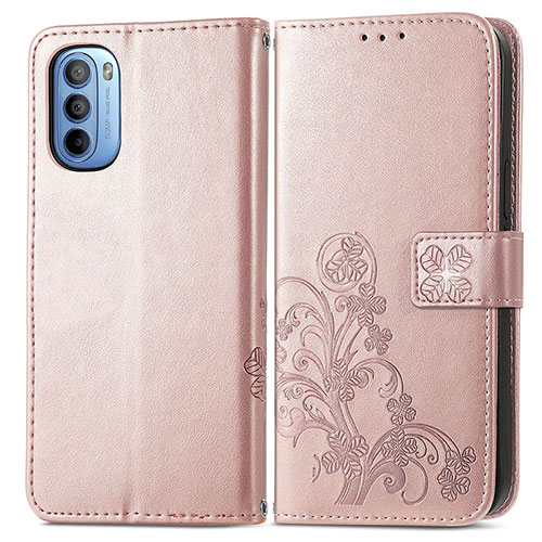 Leather Case Stands Flip Flowers Cover Holder for Motorola Moto G31 Pink