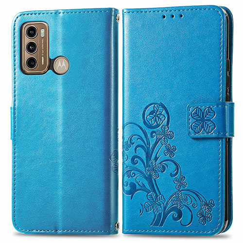 Leather Case Stands Flip Flowers Cover Holder for Motorola Moto G40 Fusion Blue