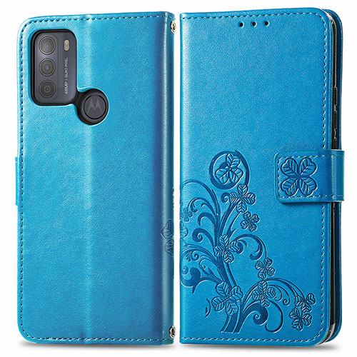 Leather Case Stands Flip Flowers Cover Holder for Motorola Moto G50 Blue