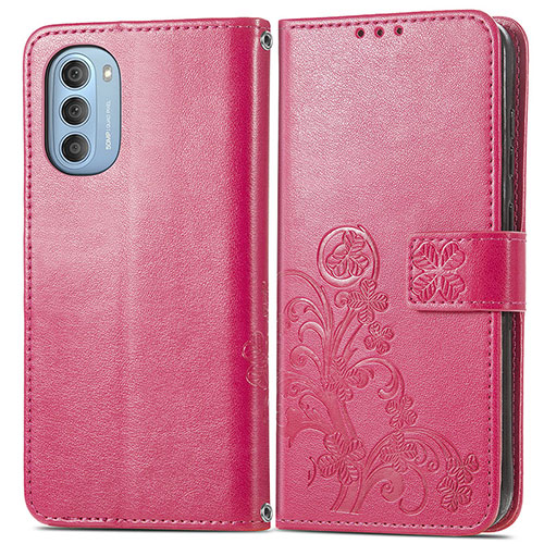 Leather Case Stands Flip Flowers Cover Holder for Motorola Moto G51 5G Red