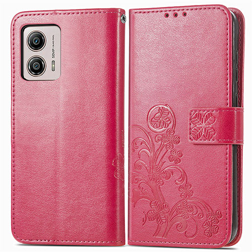 Leather Case Stands Flip Flowers Cover Holder for Motorola Moto G53 5G Hot Pink