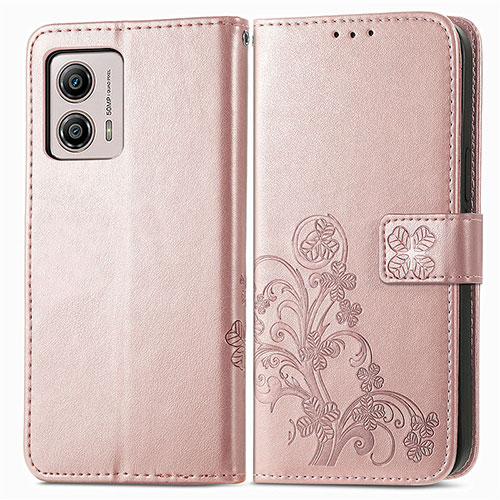 Leather Case Stands Flip Flowers Cover Holder for Motorola Moto G53j 5G Rose Gold