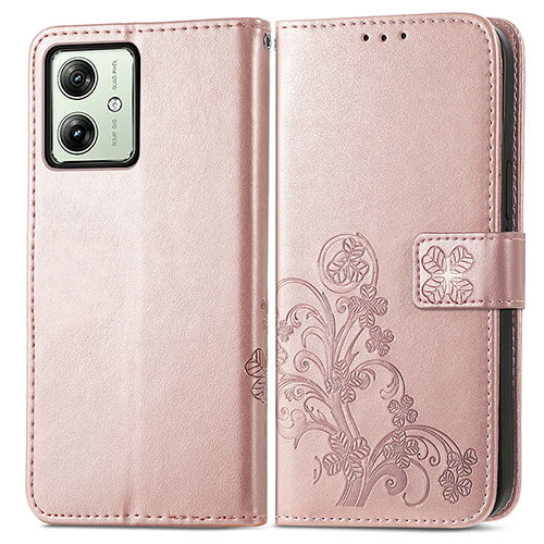 Leather Case Stands Flip Flowers Cover Holder for Motorola Moto G54 5G Rose Gold