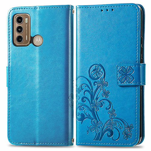 Leather Case Stands Flip Flowers Cover Holder for Motorola Moto G60 Blue