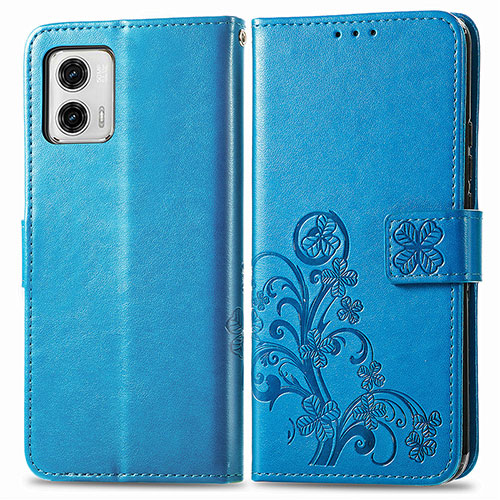Leather Case Stands Flip Flowers Cover Holder for Motorola Moto G73 5G Blue