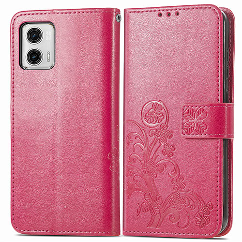 Leather Case Stands Flip Flowers Cover Holder for Motorola Moto G73 5G Hot Pink