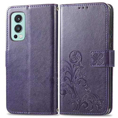 Leather Case Stands Flip Flowers Cover Holder for OnePlus Nord 2 5G Purple