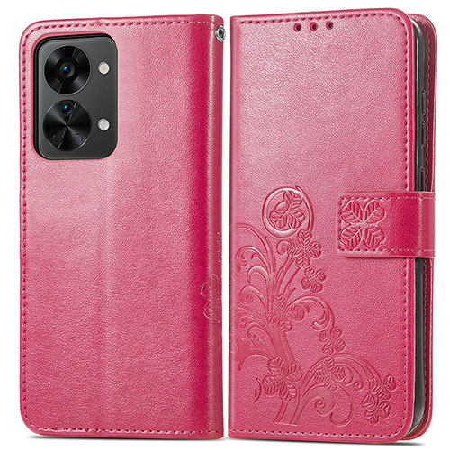 Leather Case Stands Flip Flowers Cover Holder for OnePlus Nord 2T 5G Hot Pink