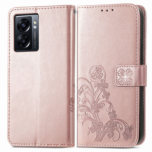 Leather Case Stands Flip Flowers Cover Holder for Oppo A77 5G Pink