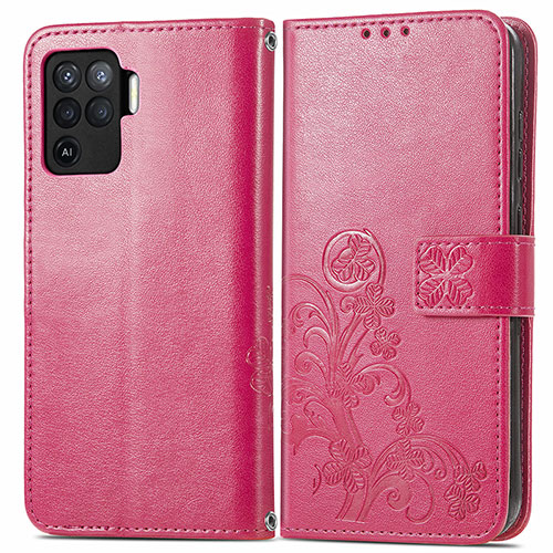 Leather Case Stands Flip Flowers Cover Holder for Oppo A94 4G Red