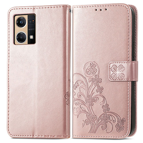 Leather Case Stands Flip Flowers Cover Holder for Oppo F21 Pro 4G Pink