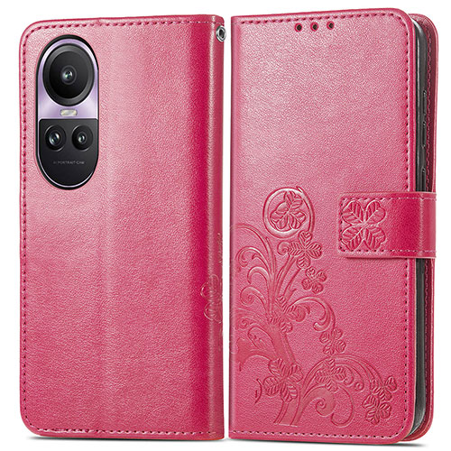 Leather Case Stands Flip Flowers Cover Holder for Oppo Reno10 5G Hot Pink