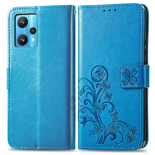 Leather Case Stands Flip Flowers Cover Holder for Realme 9 4G Blue